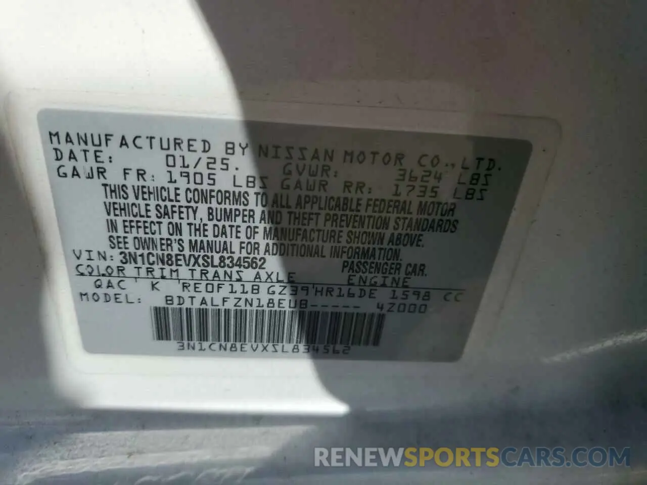 12 Фотография поврежденного автомобиля 3N1CN8EVXSL834562 NISSAN VERSA 2025