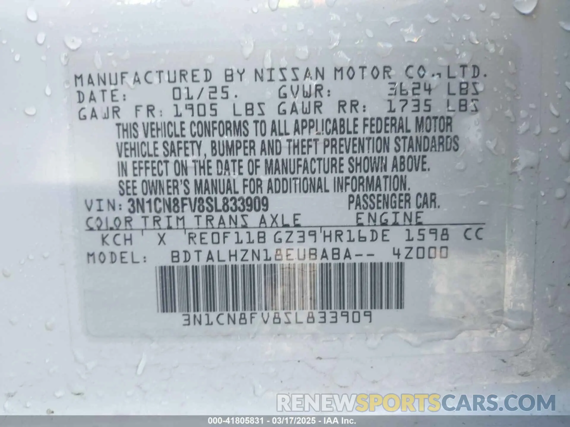 9 Фотография поврежденного автомобиля 3N1CN8FV8SL833909 NISSAN VERSA 2025