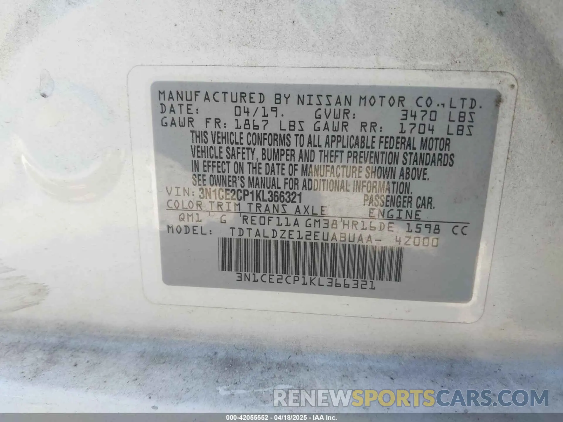 9 Фотография поврежденного автомобиля 3N1CE2CP1KL366321 NISSAN VERSA NOTE 2019