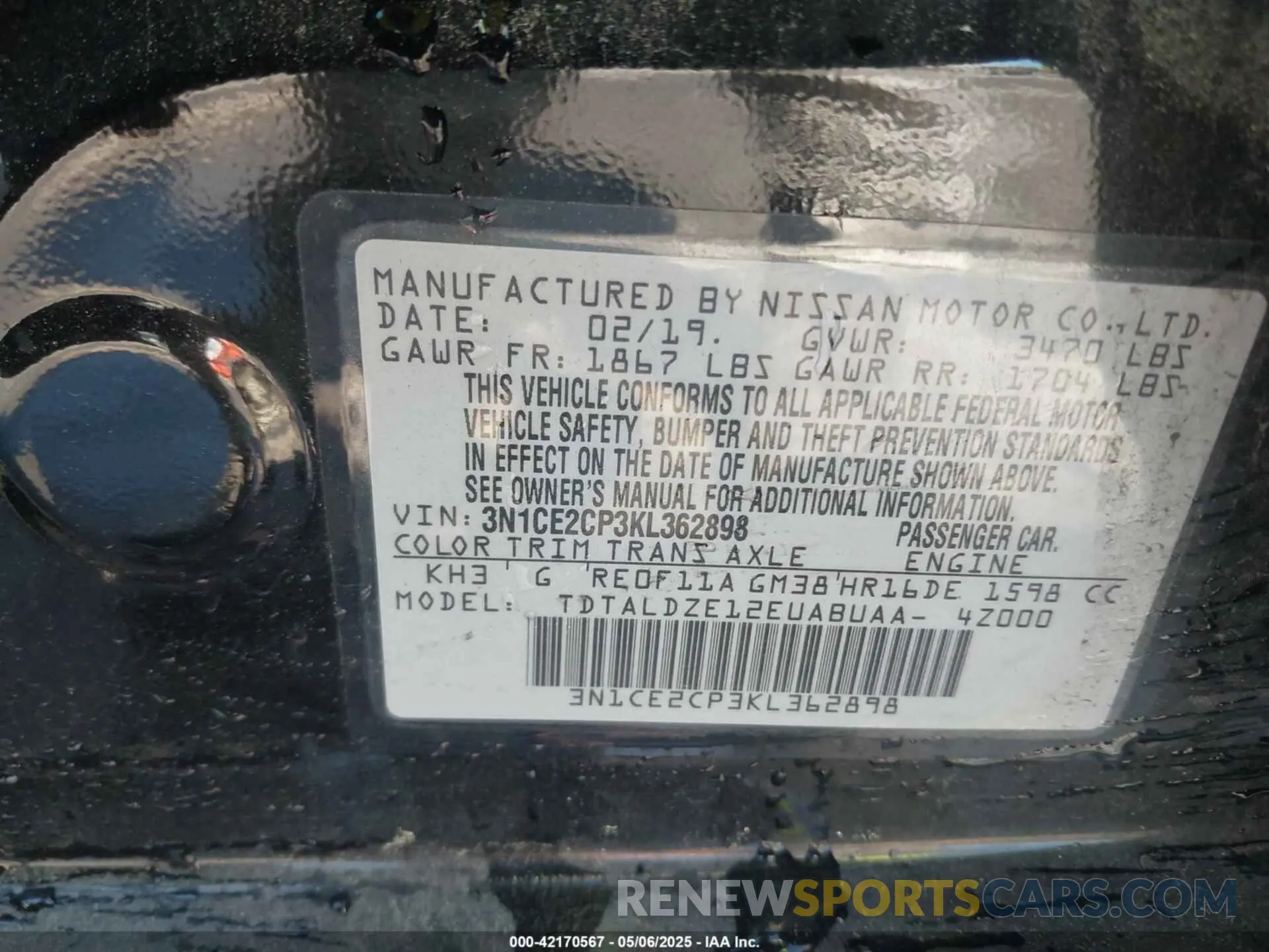 9 Photograph of a damaged car 3N1CE2CP3KL362898 NISSAN VERSA NOTE 2019