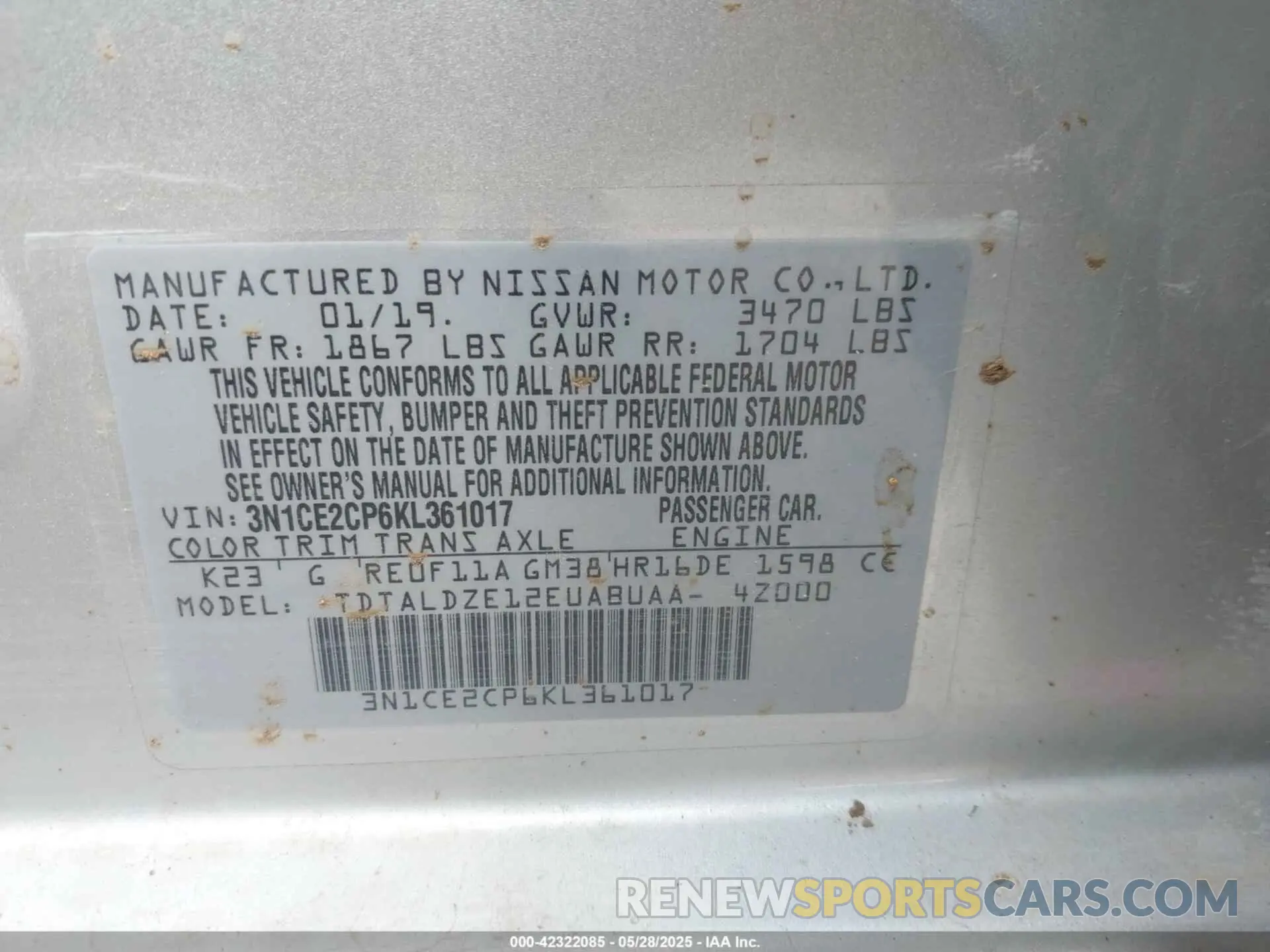9 Фотография поврежденного автомобиля 3N1CE2CP6KL361017 NISSAN VERSA NOTE 2019