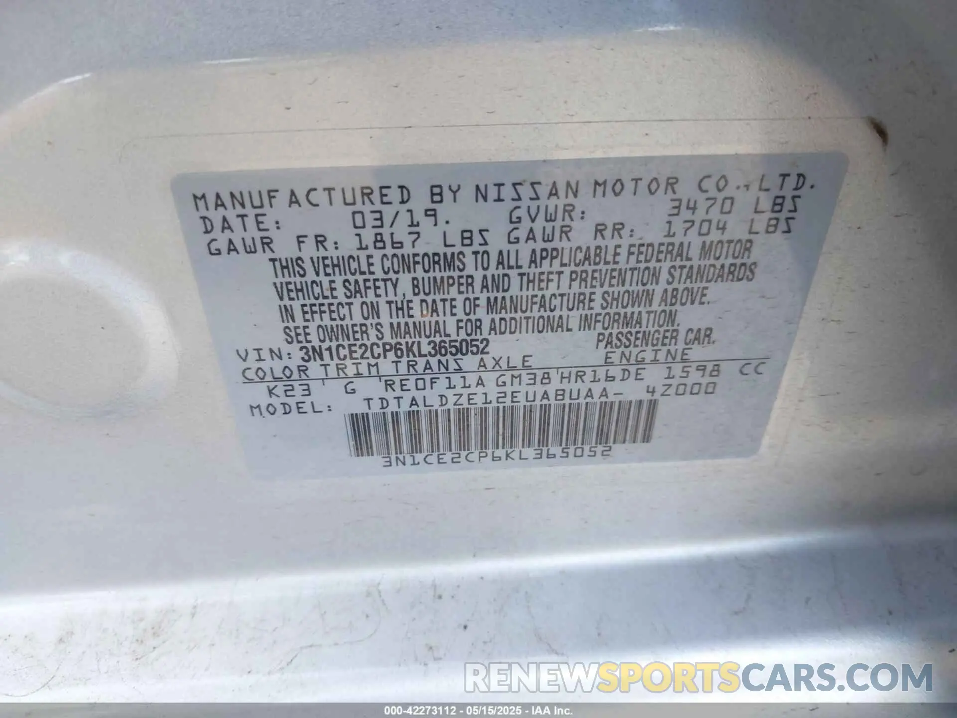 9 Photograph of a damaged car 3N1CE2CP6KL365052 NISSAN VERSA NOTE 2019