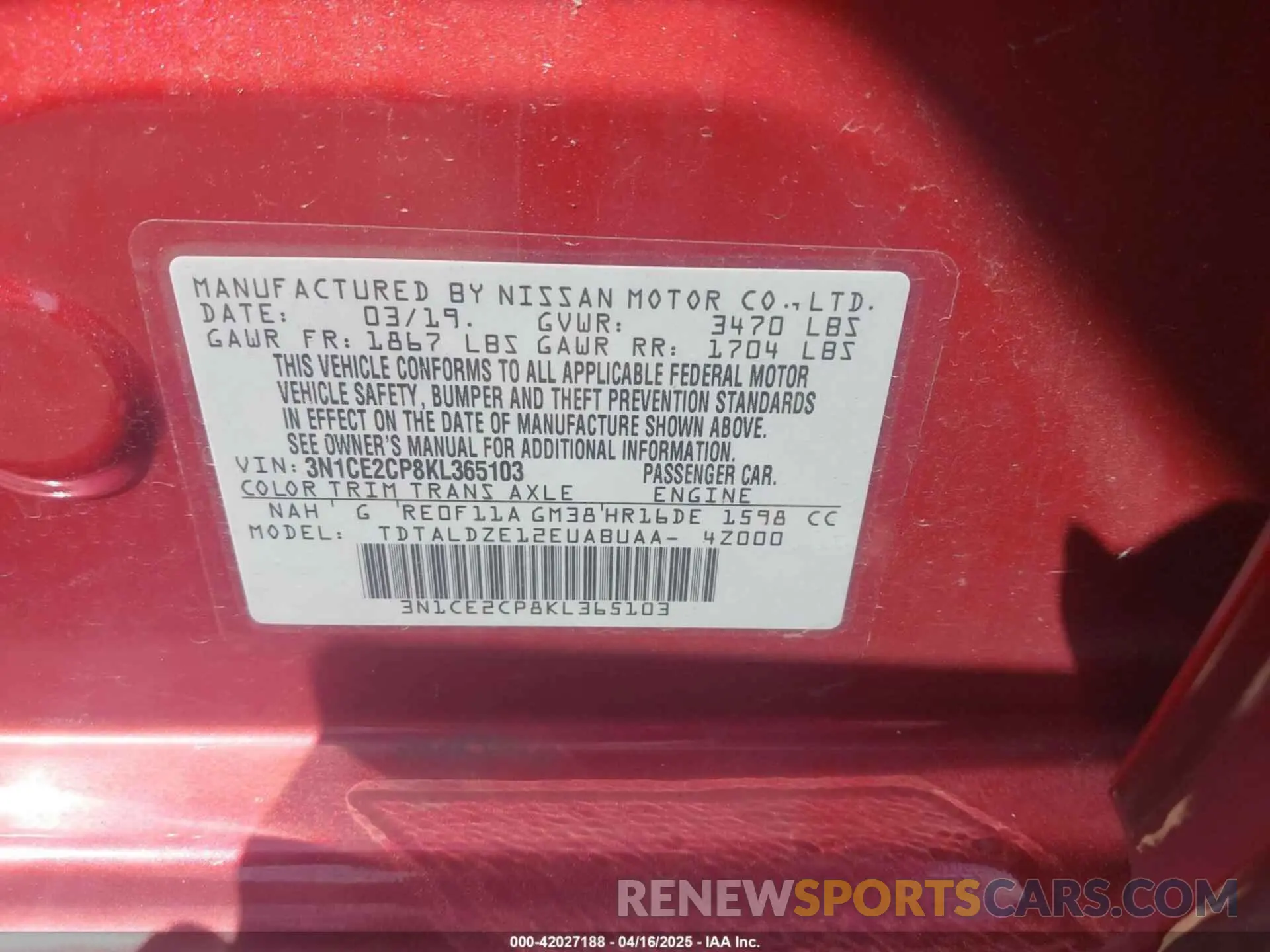 9 Фотография поврежденного автомобиля 3N1CE2CP8KL365103 NISSAN VERSA NOTE 2019
