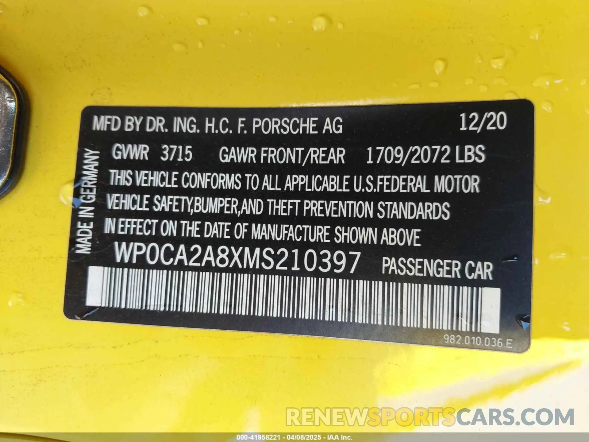 9 Photograph of a damaged car WP0CA2A8XMS210397 PORSCHE 718 BOXSTER 2021