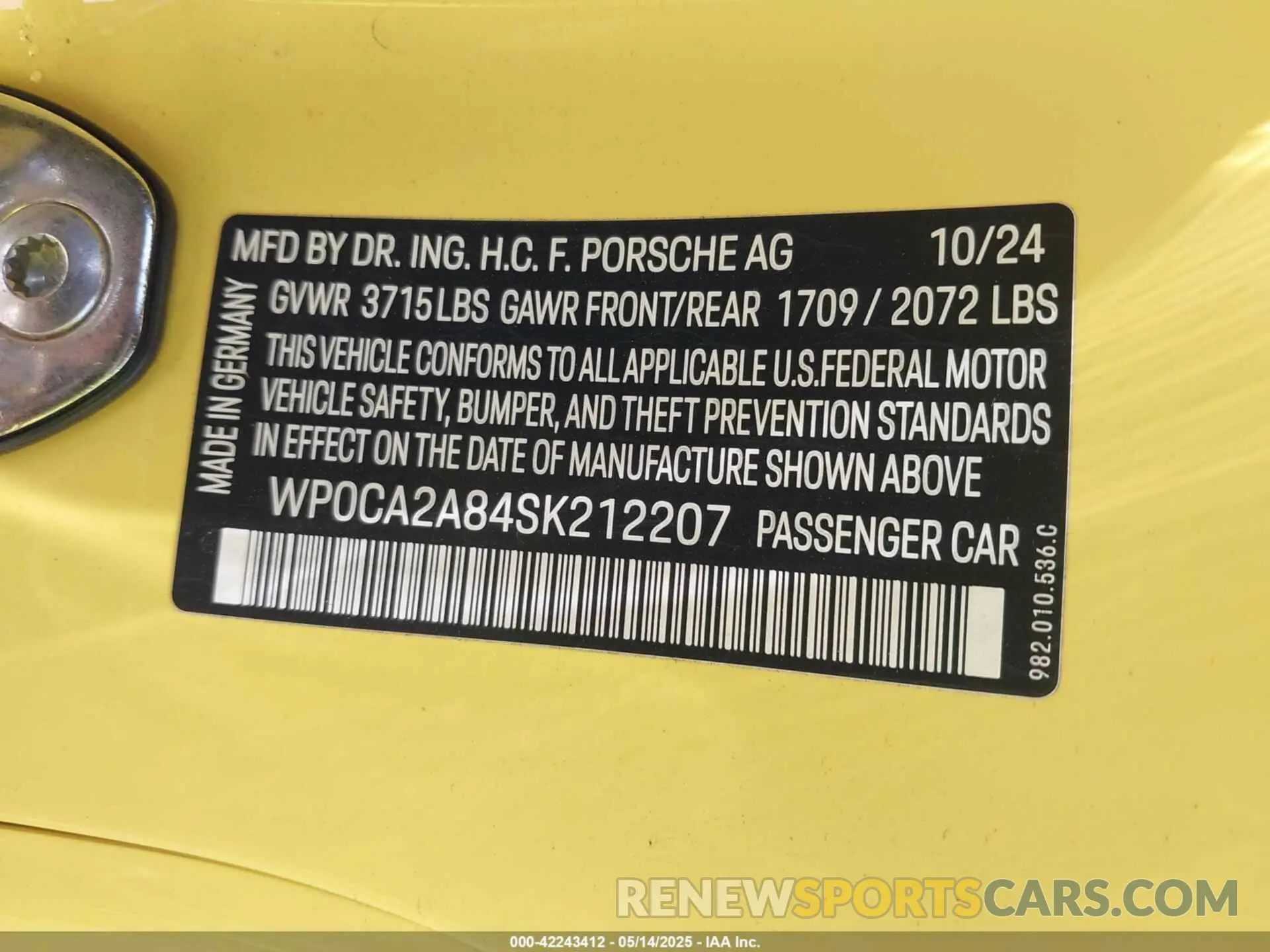 9 Фотография поврежденного автомобиля WP0CA2A84SK212207 PORSCHE 718 BOXSTER 2025