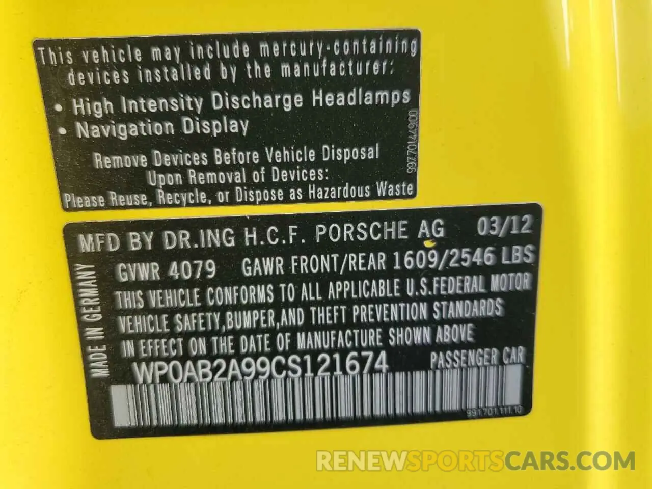 12 Photograph of a damaged car WP0AB2A99CS121674 PORSCHE 911 2012