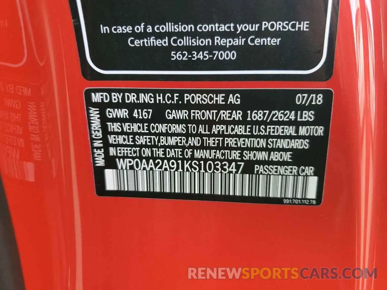 12 Photograph of a damaged car WP0AA2A91KS103347 PORSCHE 911 2019