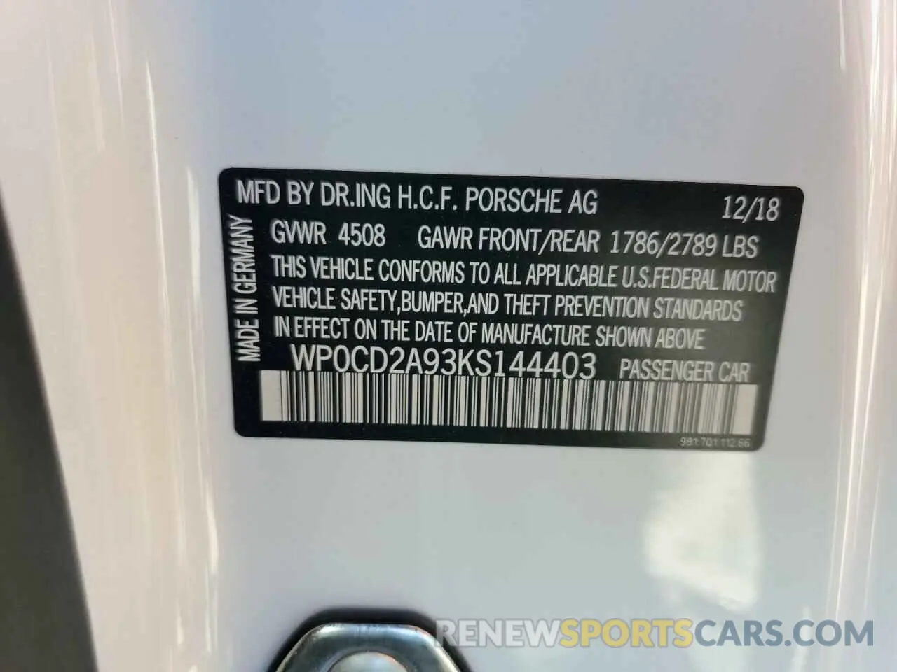 13 Photograph of a damaged car WP0CD2A93KS144403 PORSCHE 911 2019