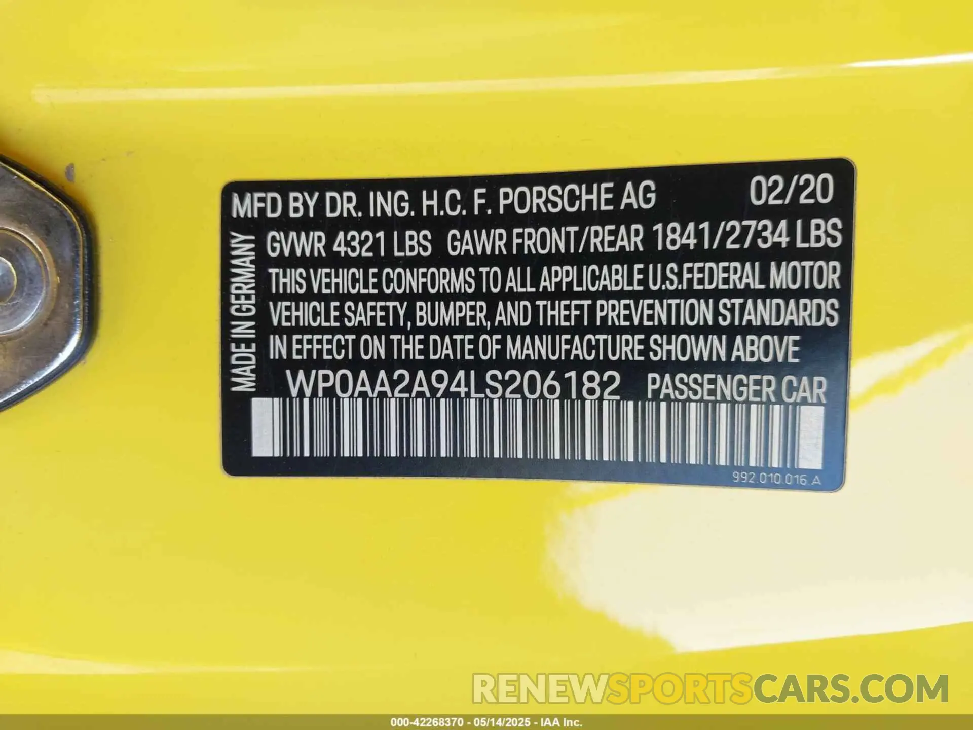 9 Photograph of a damaged car WP0AA2A94LS206182 PORSCHE 911 2020