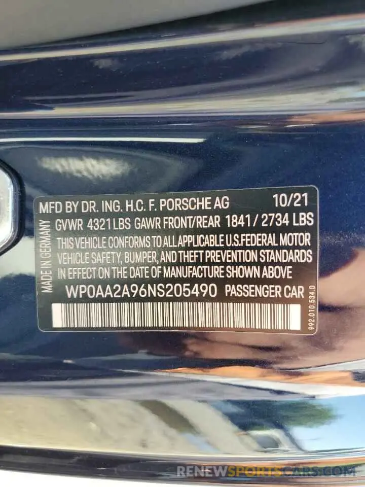 12 Фотография поврежденного автомобиля WP0AA2A96NS205490 PORSCHE 911 2022