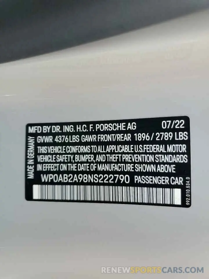 13 Фотография поврежденного автомобиля WP0AB2A98NS222790 PORSCHE 911 2022