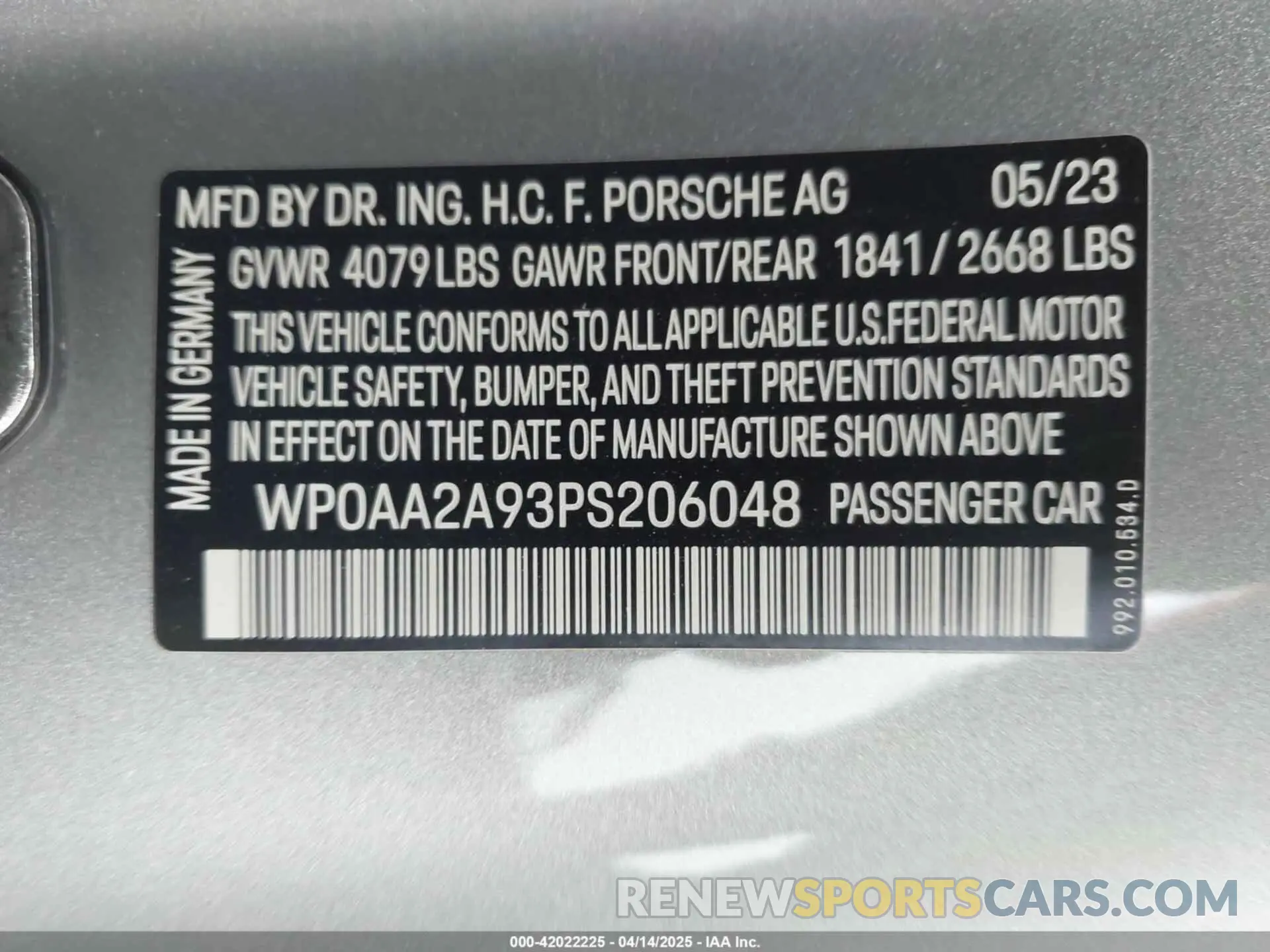 9 Фотография поврежденного автомобиля WP0AA2A93PS206048 PORSCHE 911 2023