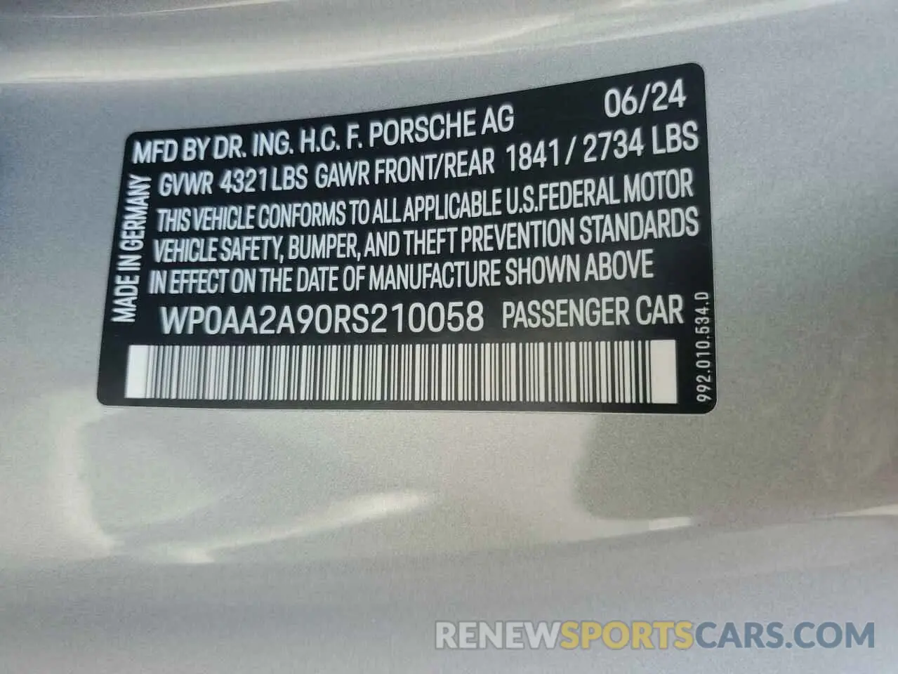 12 Фотография поврежденного автомобиля WP0AA2A90RS210058 PORSCHE 911 2024