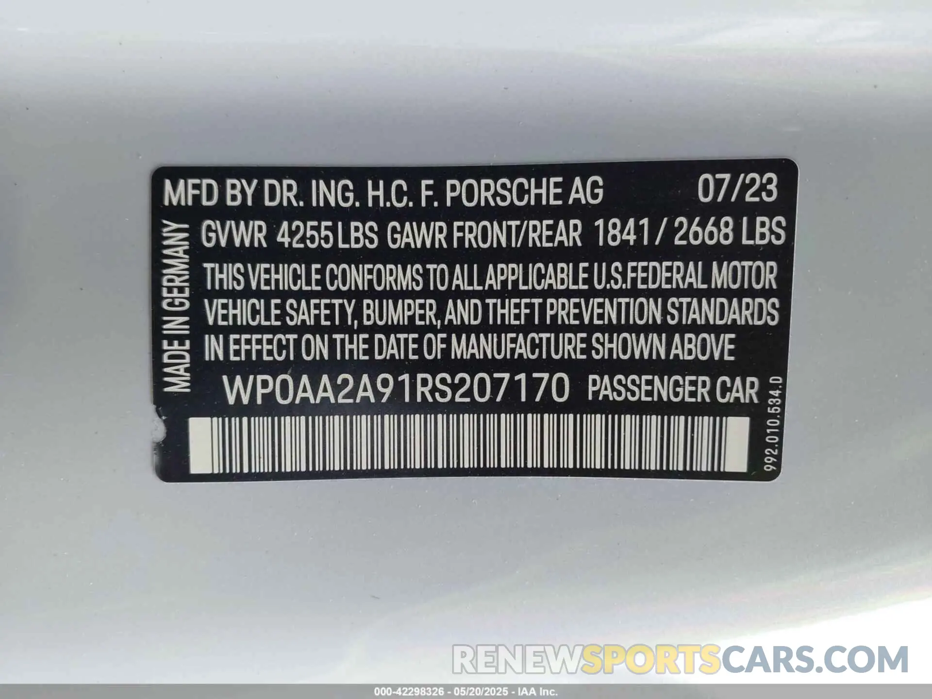 9 Photograph of a damaged car WP0AA2A91RS207170 PORSCHE 911 2024