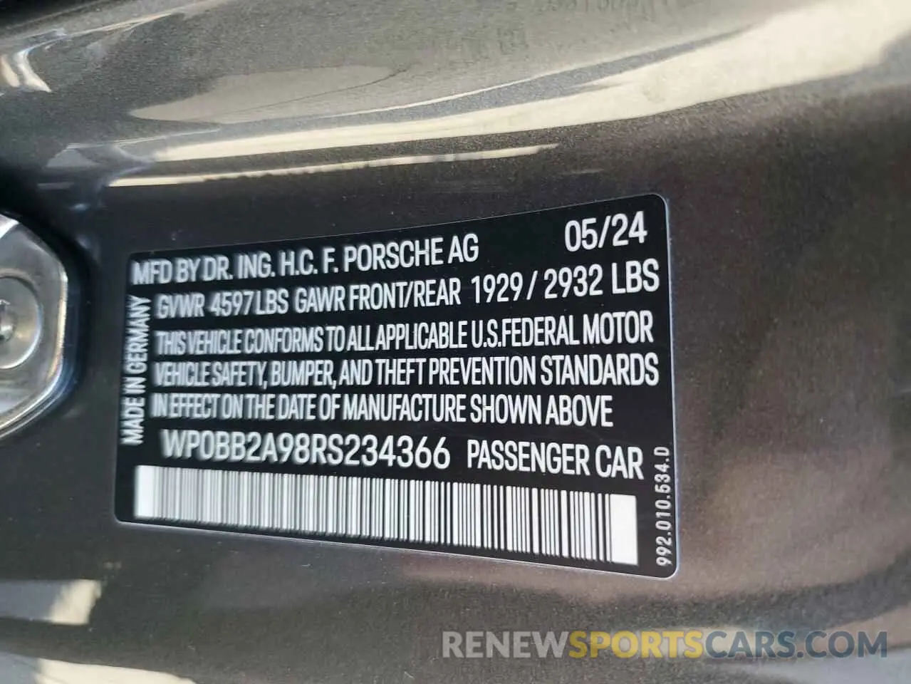 12 Фотография поврежденного автомобиля WP0BB2A98RS234366 PORSCHE 911 2024