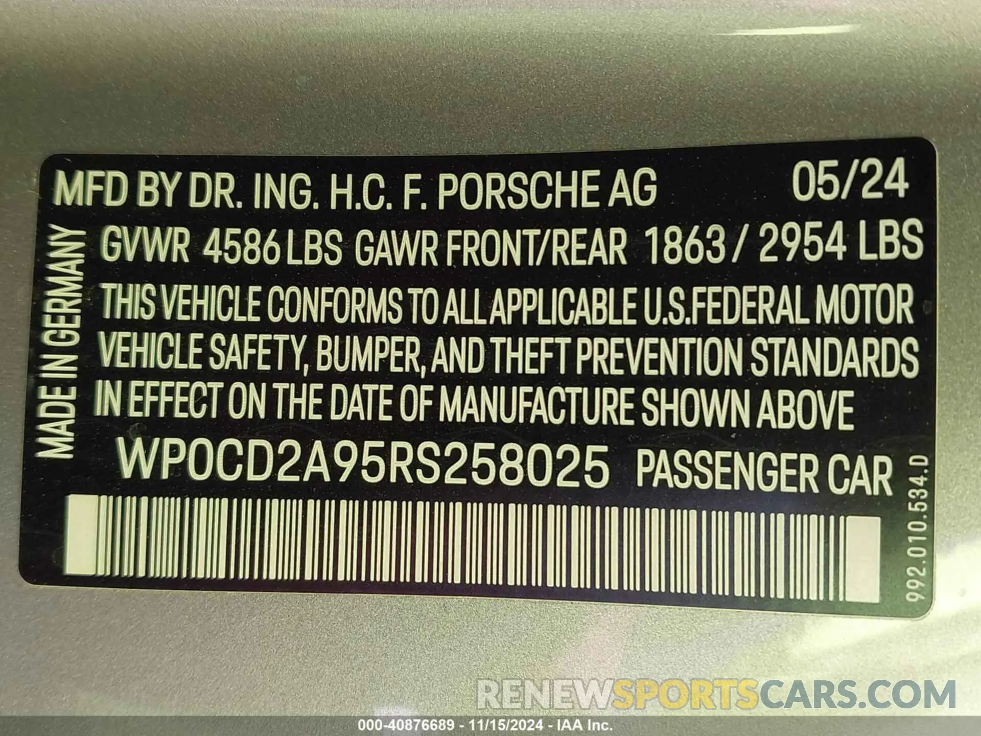 9 Фотография поврежденного автомобиля WP0CD2A95RS258025 PORSCHE 911 2024