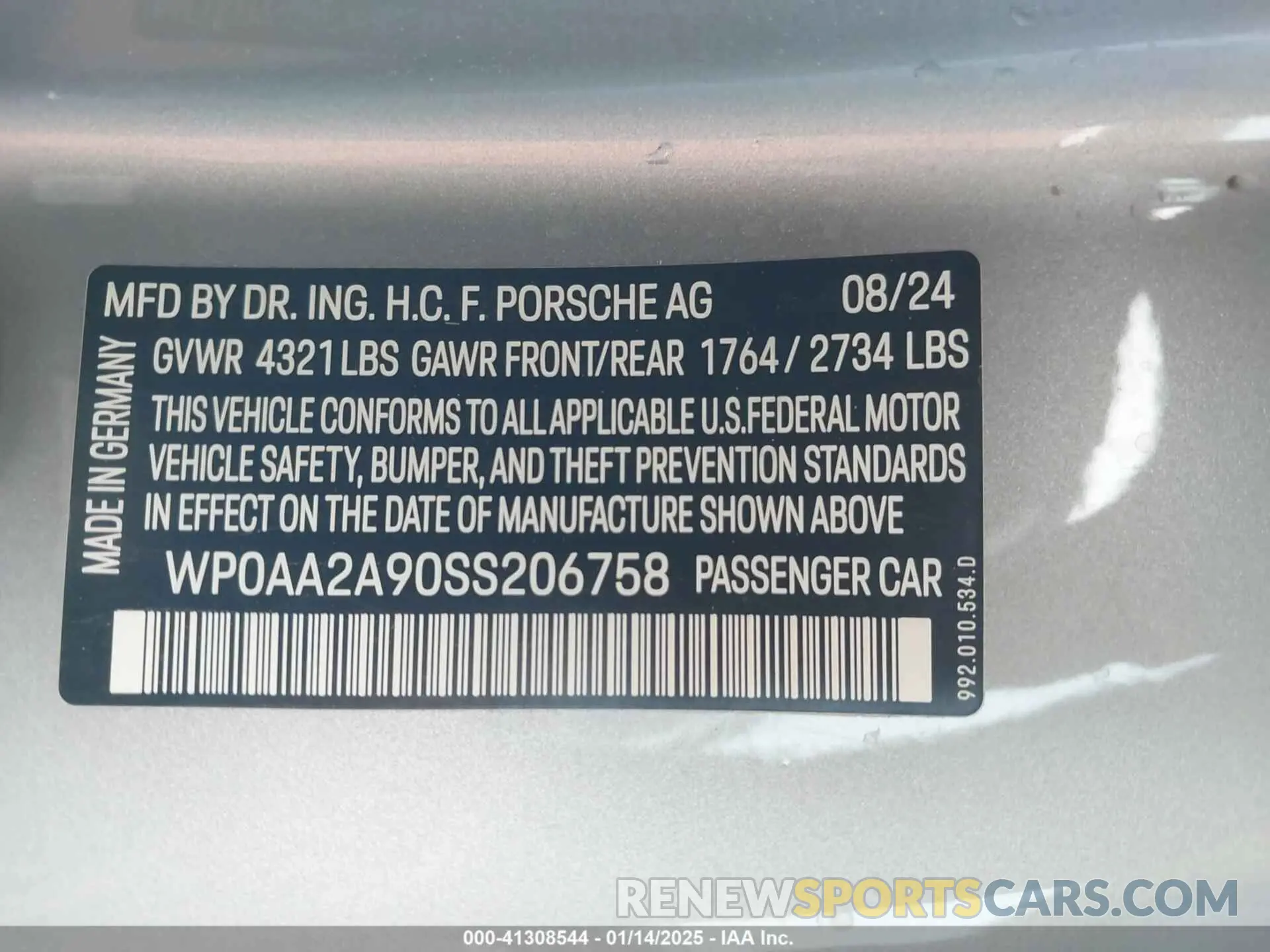 9 Фотография поврежденного автомобиля WP0AA2A90SS206758 PORSCHE 911 2025