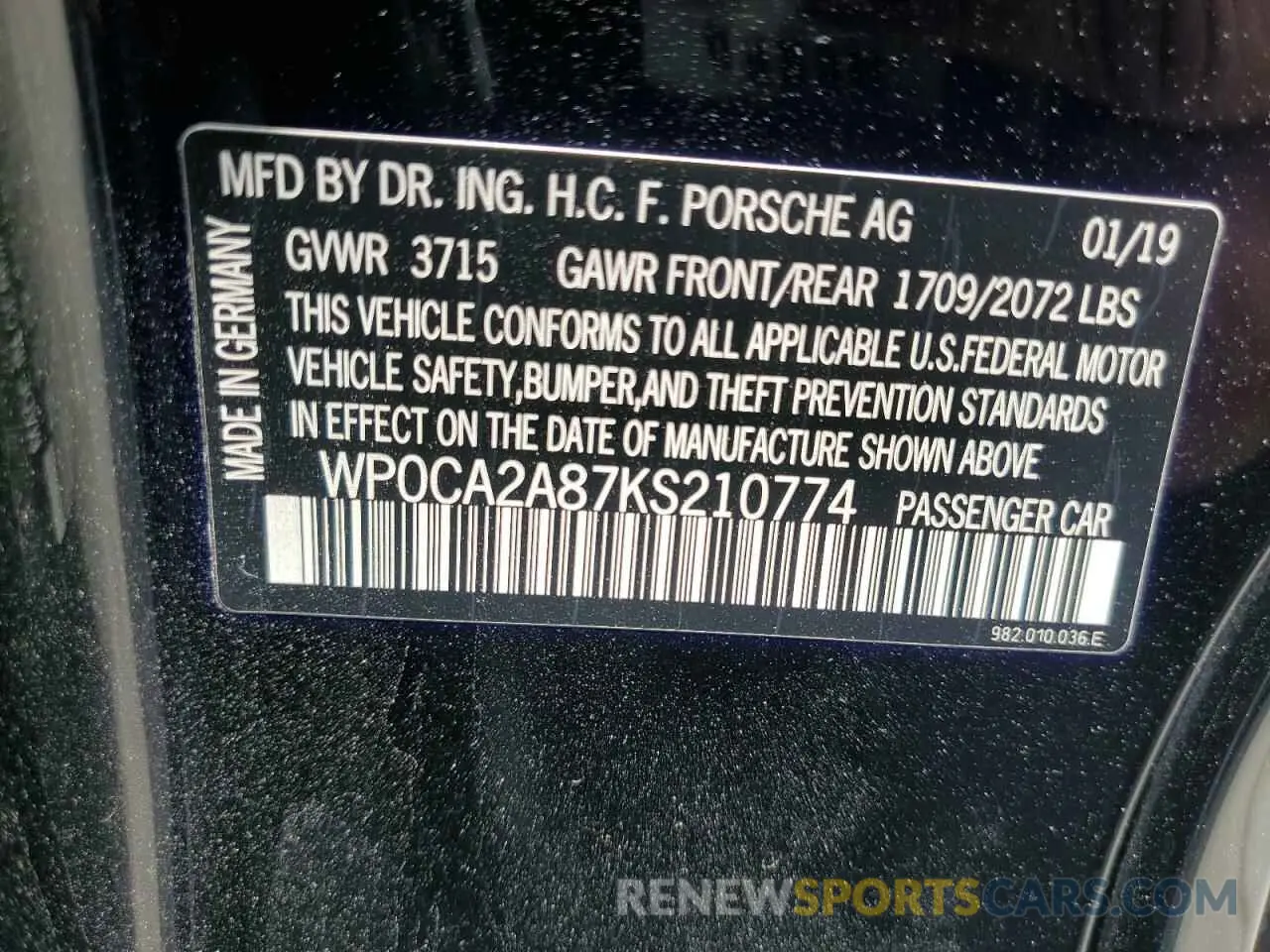 13 Photograph of a damaged car WP0CA2A87KS210774 PORSCHE BOXSTER 2019