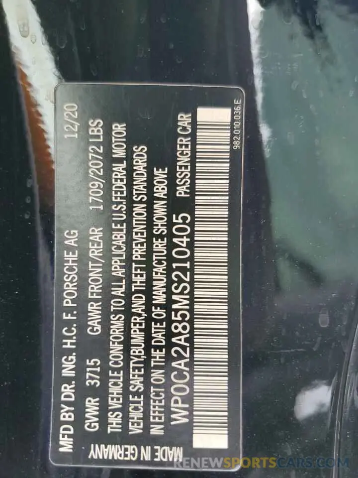 12 Photograph of a damaged car WP0CA2A85MS210405 PORSCHE BOXSTER 2021