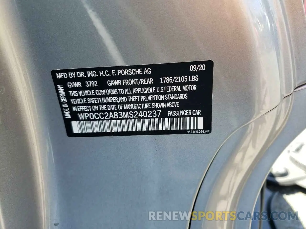 10 Фотография поврежденного автомобиля WP0CC2A83MS240237 PORSCHE BOXSTER 2021