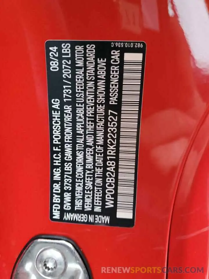 13 Фотография поврежденного автомобиля WP0CB2A81RK223527 PORSCHE BOXSTER 2024