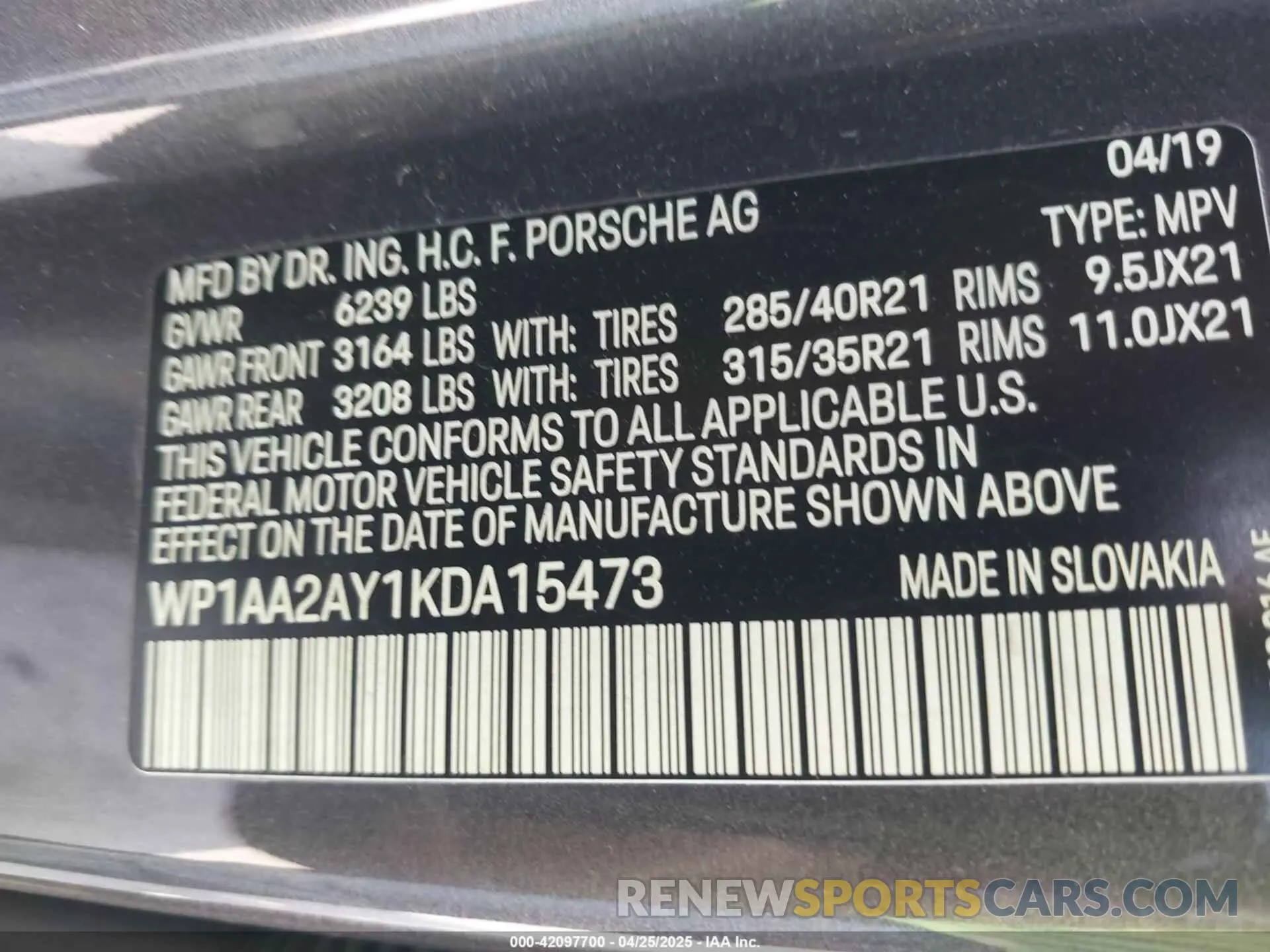 9 Photograph of a damaged car WP1AA2AY1KDA15473 PORSCHE CAYENNE 2019