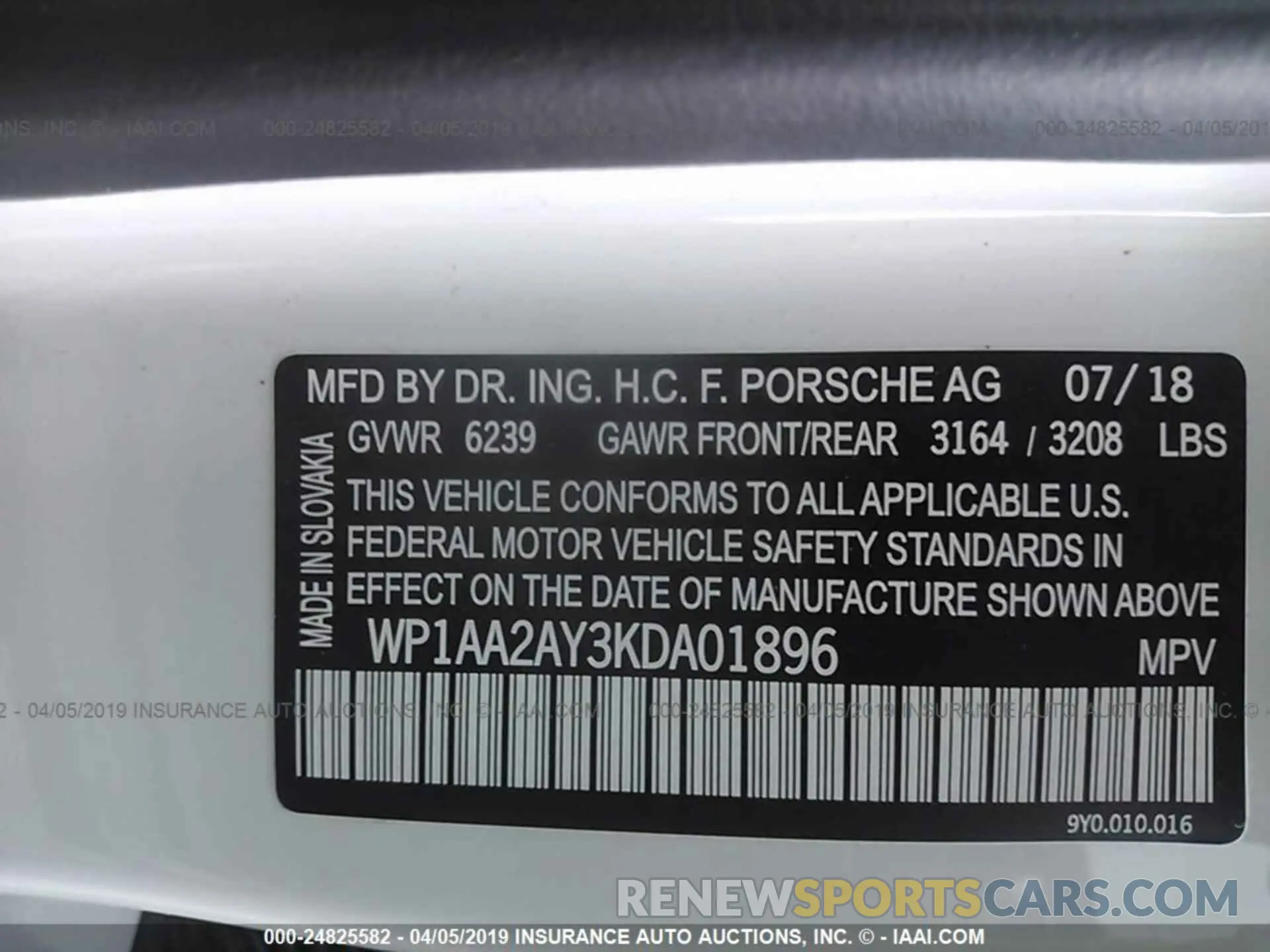 9 Photograph of a damaged car WP1AA2AY3KDA01896 PORSCHE CAYENNE 2019