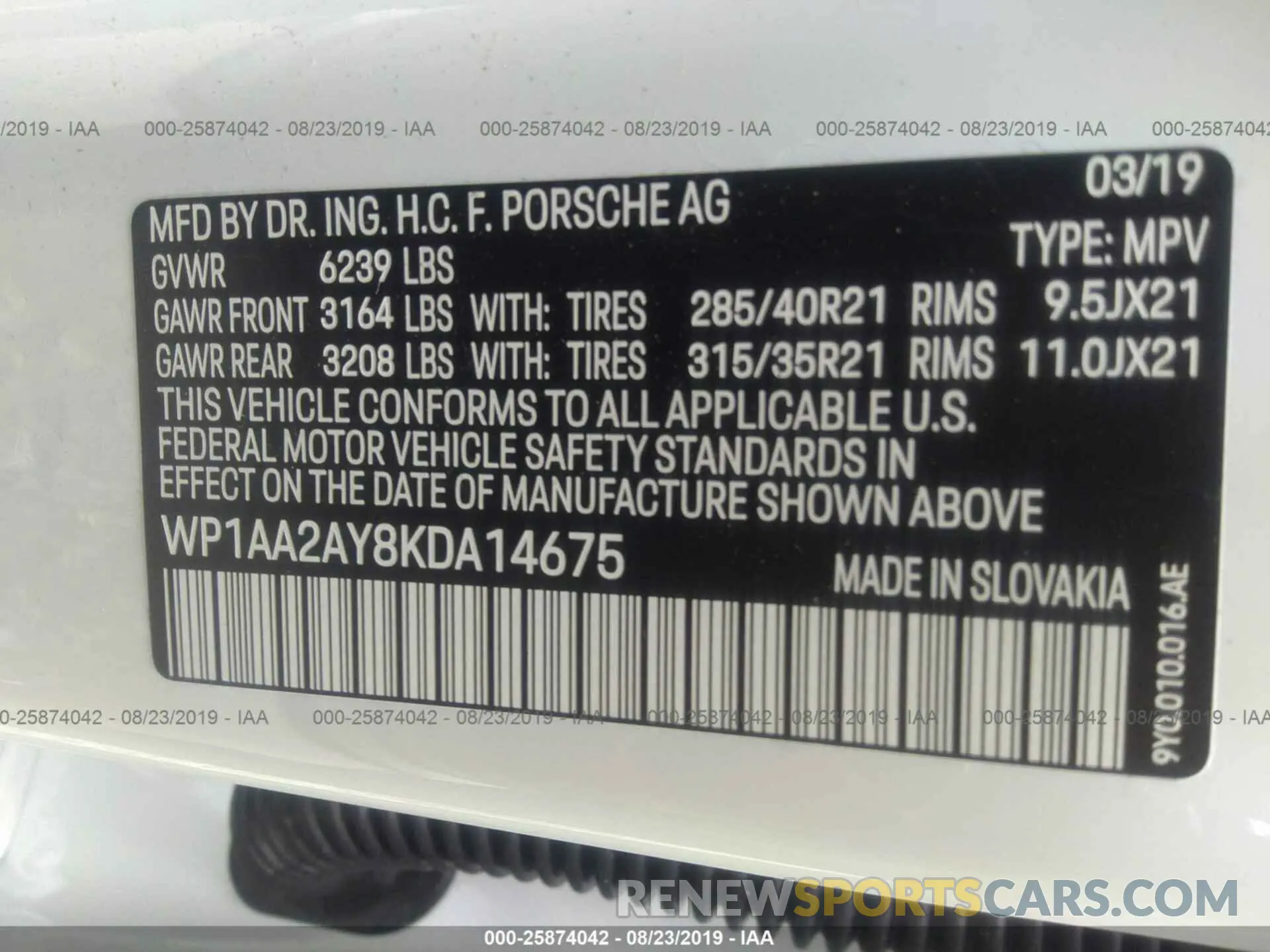 9 Photograph of a damaged car WP1AA2AY8KDA14675 PORSCHE CAYENNE 2019