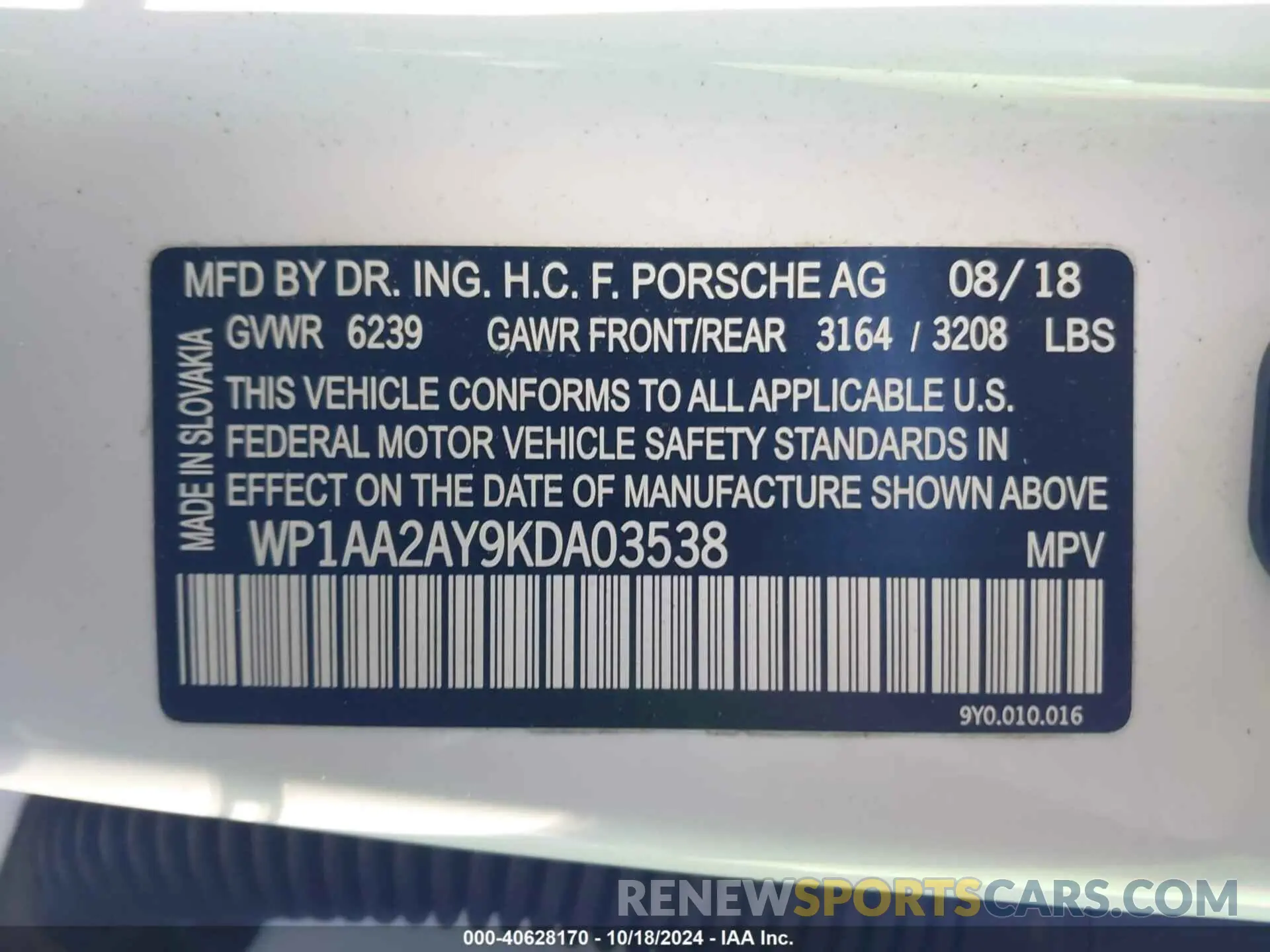 9 Photograph of a damaged car WP1AA2AY9KDA03538 PORSCHE CAYENNE 2019