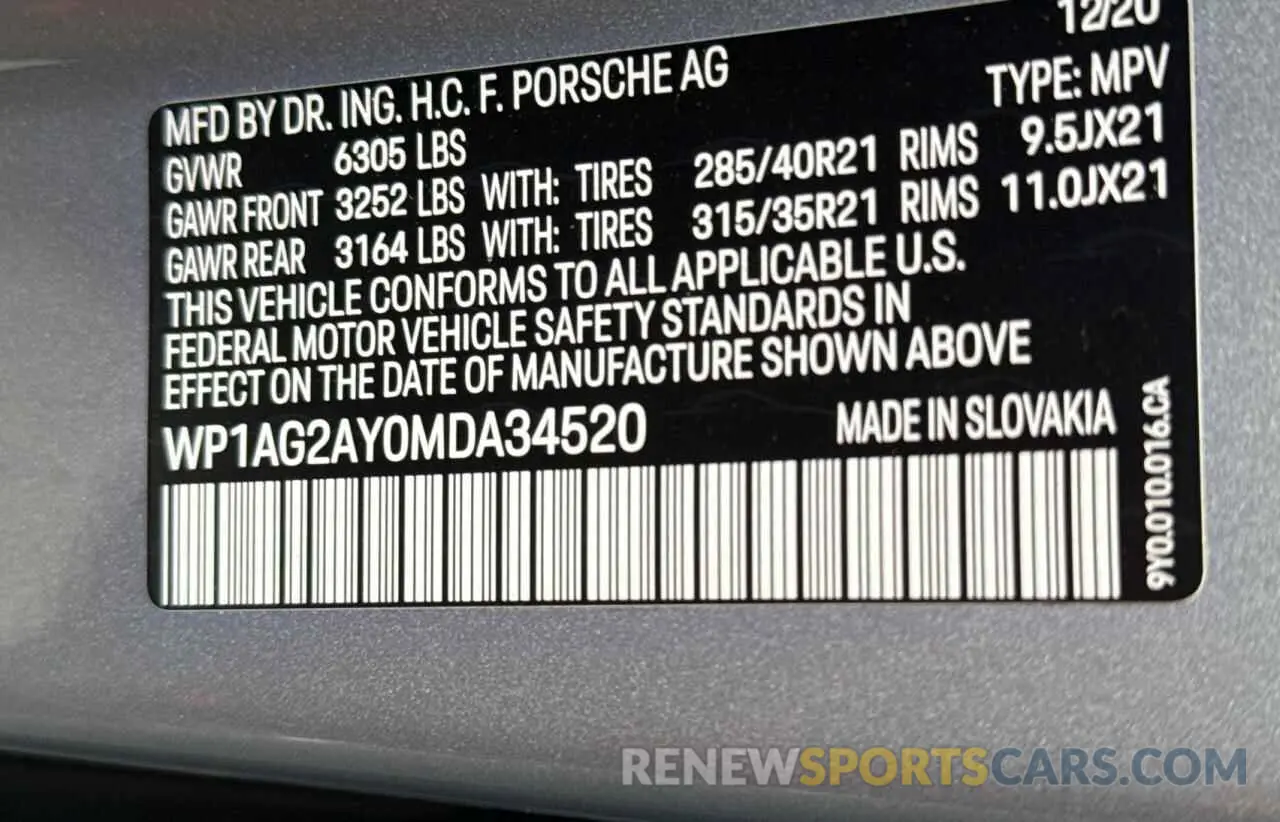 10 Photograph of a damaged car WP1AG2AY0MDA34520 PORSCHE CAYENNE 2021