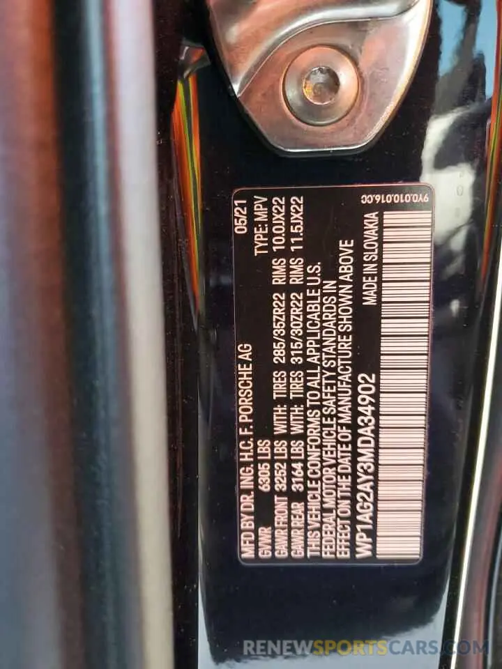 13 Photograph of a damaged car WP1AG2AY3MDA34902 PORSCHE CAYENNE 2021
