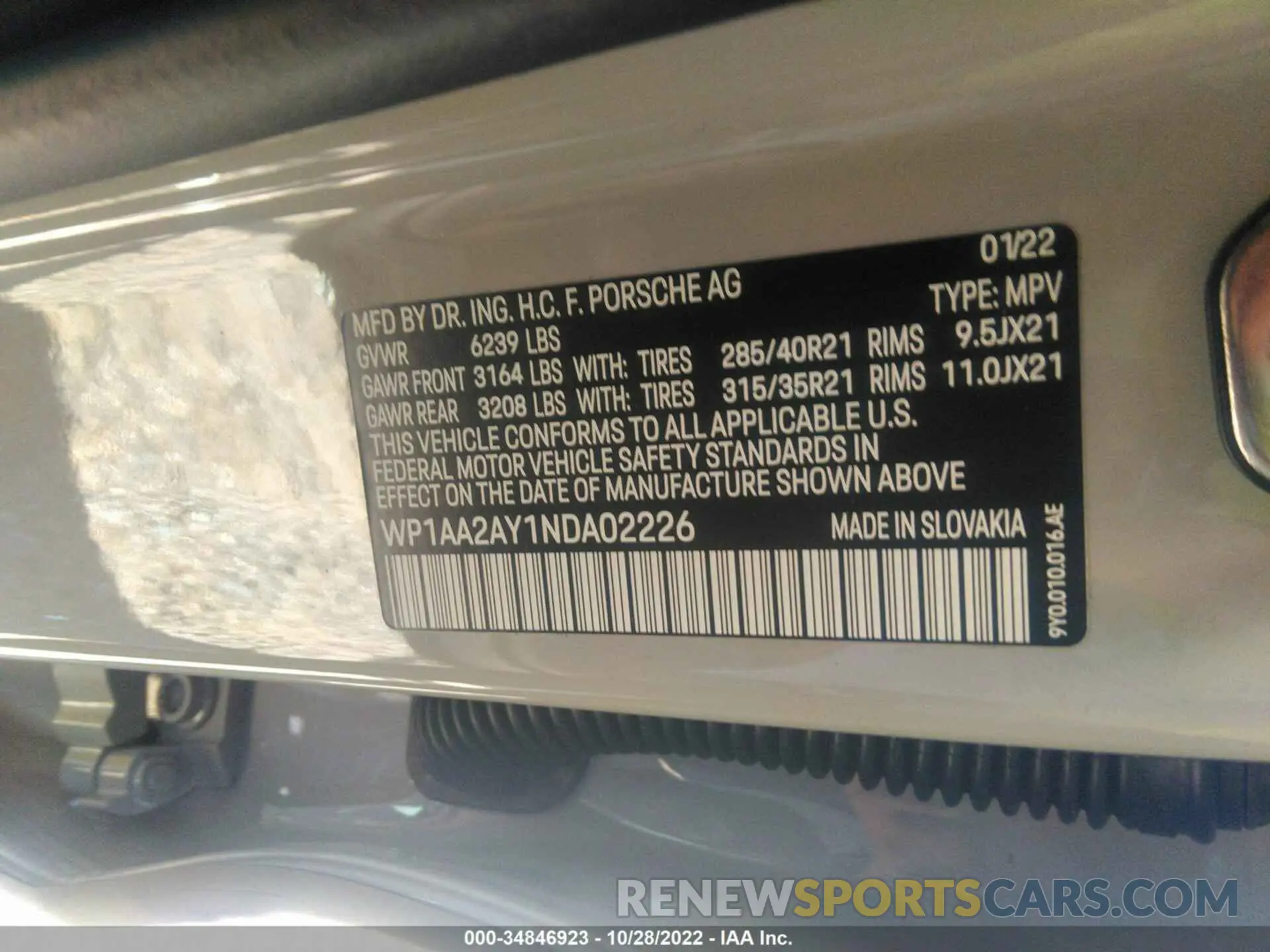 9 Photograph of a damaged car WP1AA2AY1NDA02226 PORSCHE CAYENNE 2022