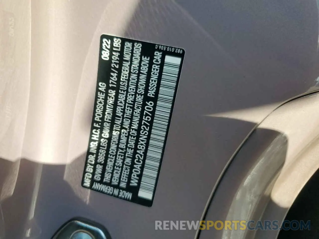 13 Photograph of a damaged car WP0AC2A8XNS275706 PORSCHE CAYMAN 2022