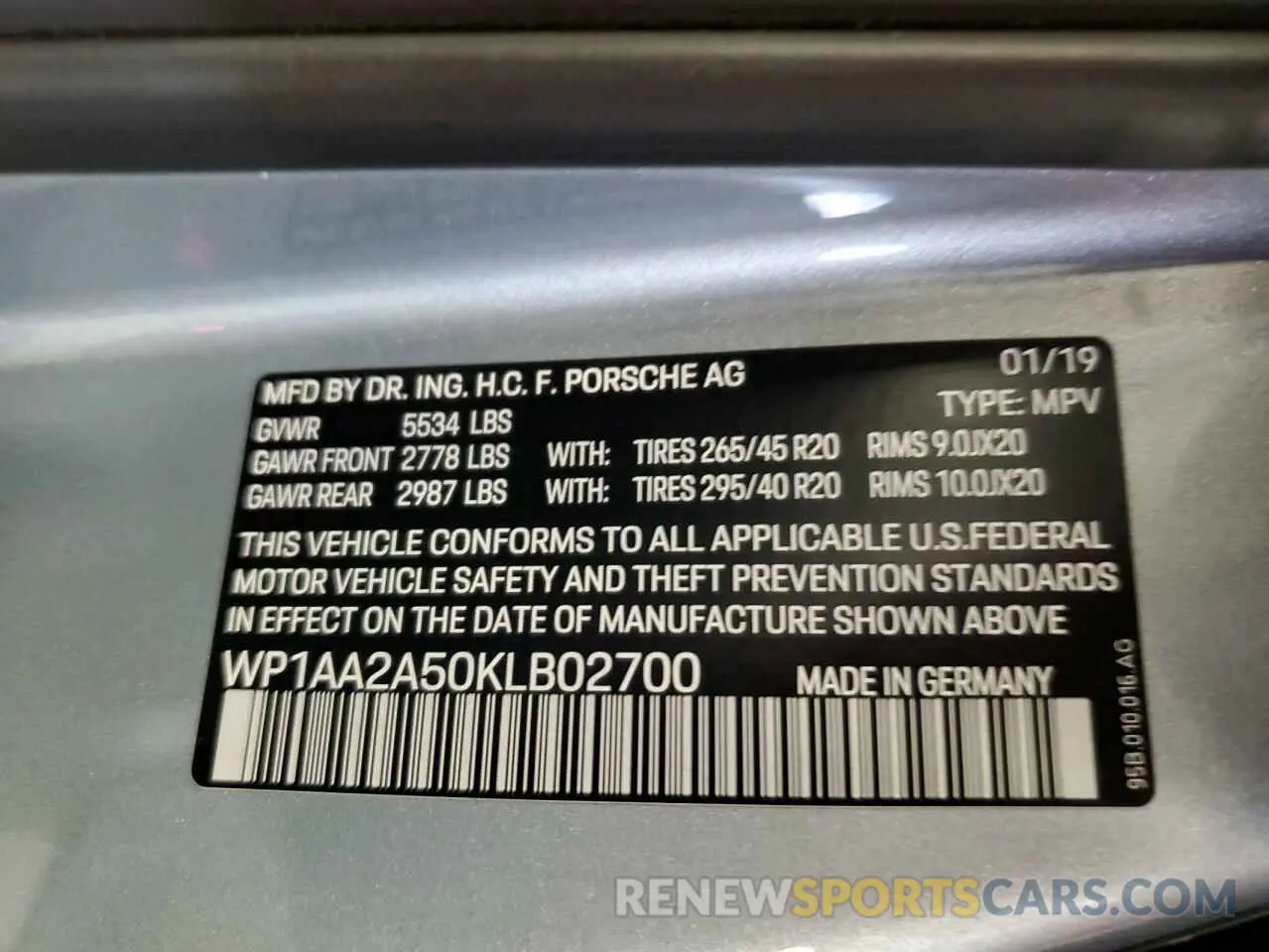 13 Photograph of a damaged car WP1AA2A50KLB02700 PORSCHE MACAN 2019