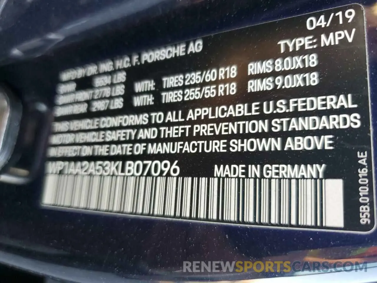 13 Photograph of a damaged car WP1AA2A53KLB07096 PORSCHE MACAN 2019