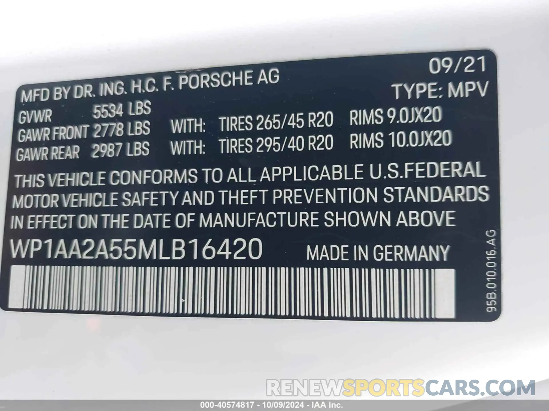 9 Photograph of a damaged car WP1AA2A55MLB16420 PORSCHE MACAN 2021