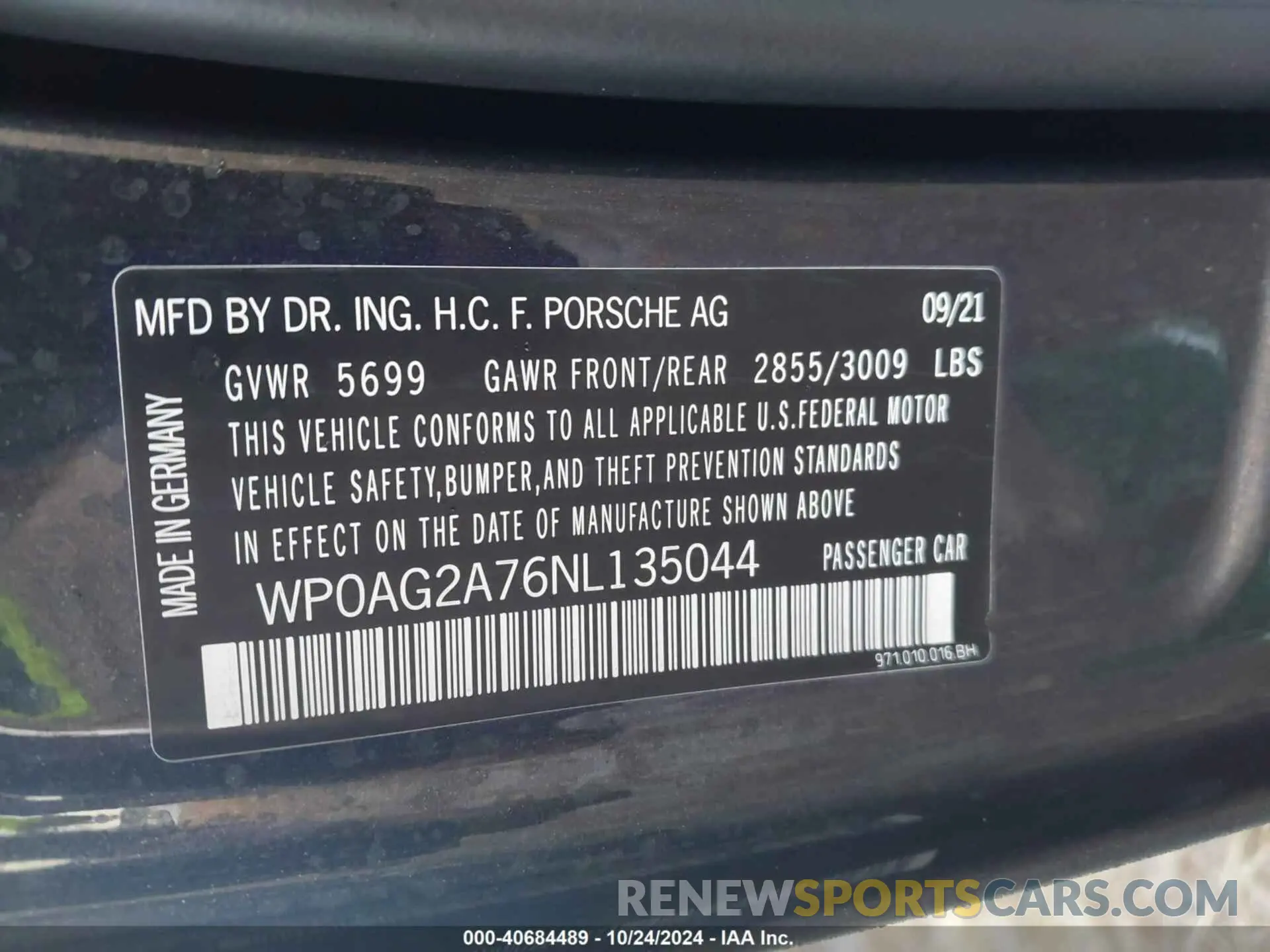 9 Photograph of a damaged car WP0AG2A76NL135044 PORSCHE PANAMERA 2022