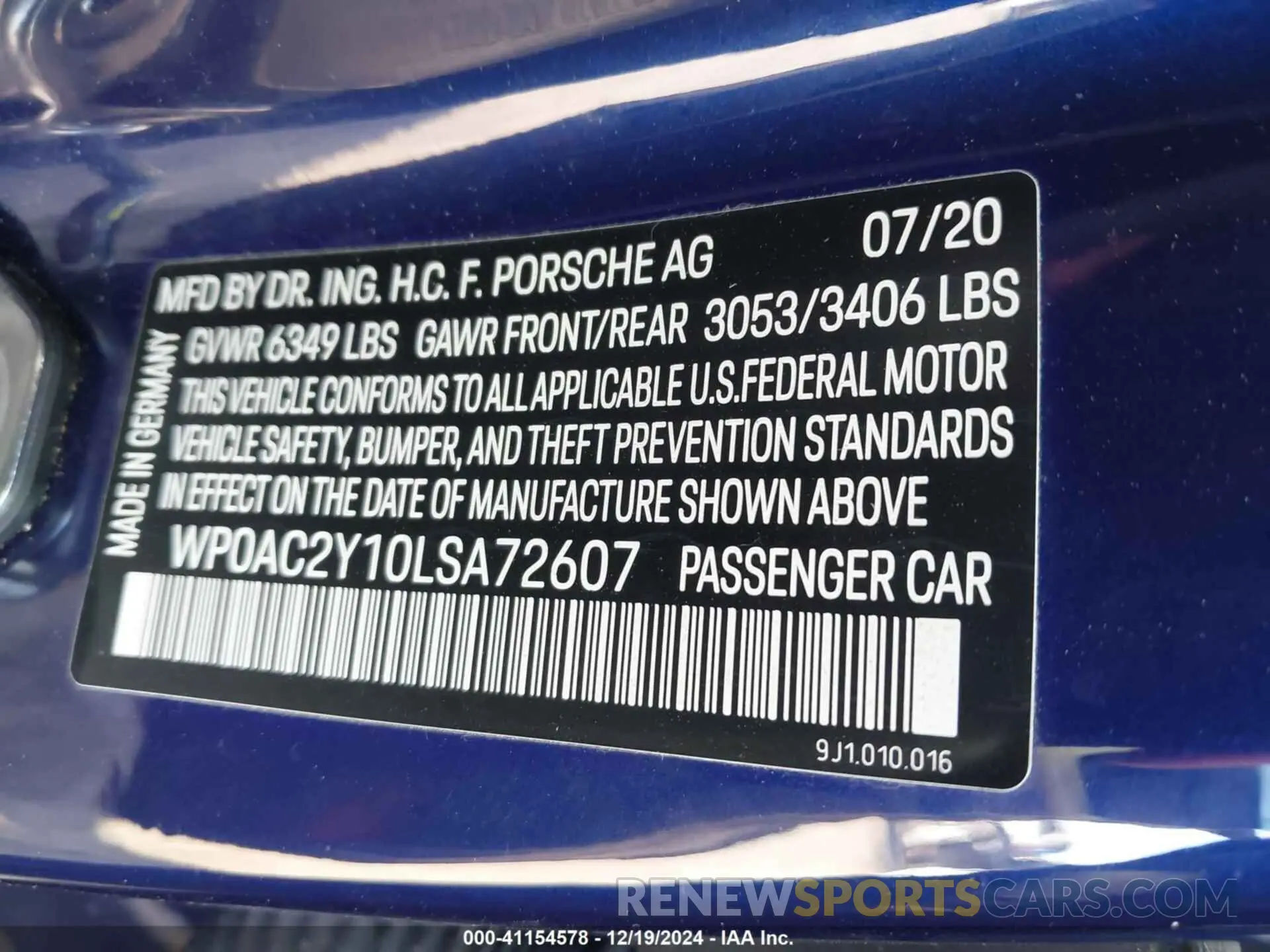 9 Photograph of a damaged car WP0AC2Y10LSA72607 PORSCHE TAYCAN 2020