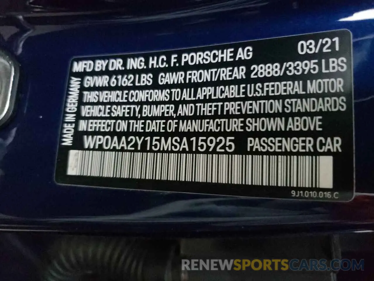 10 Photograph of a damaged car WP0AA2Y15MSA15925 PORSCHE TAYCAN 2021