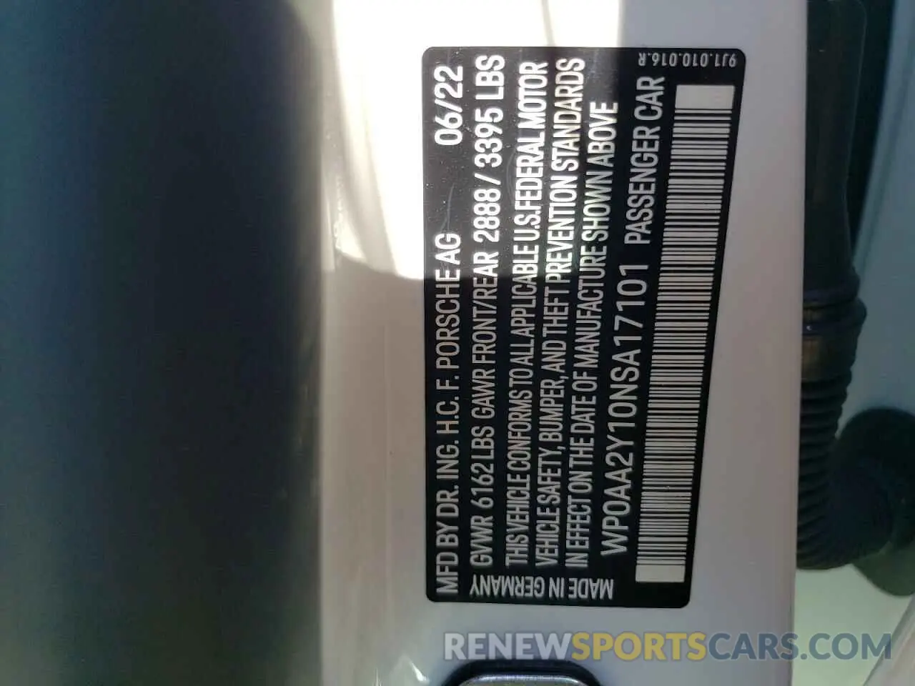 10 Photograph of a damaged car WP0AA2Y10NSA17101 PORSCHE TAYCAN 2022
