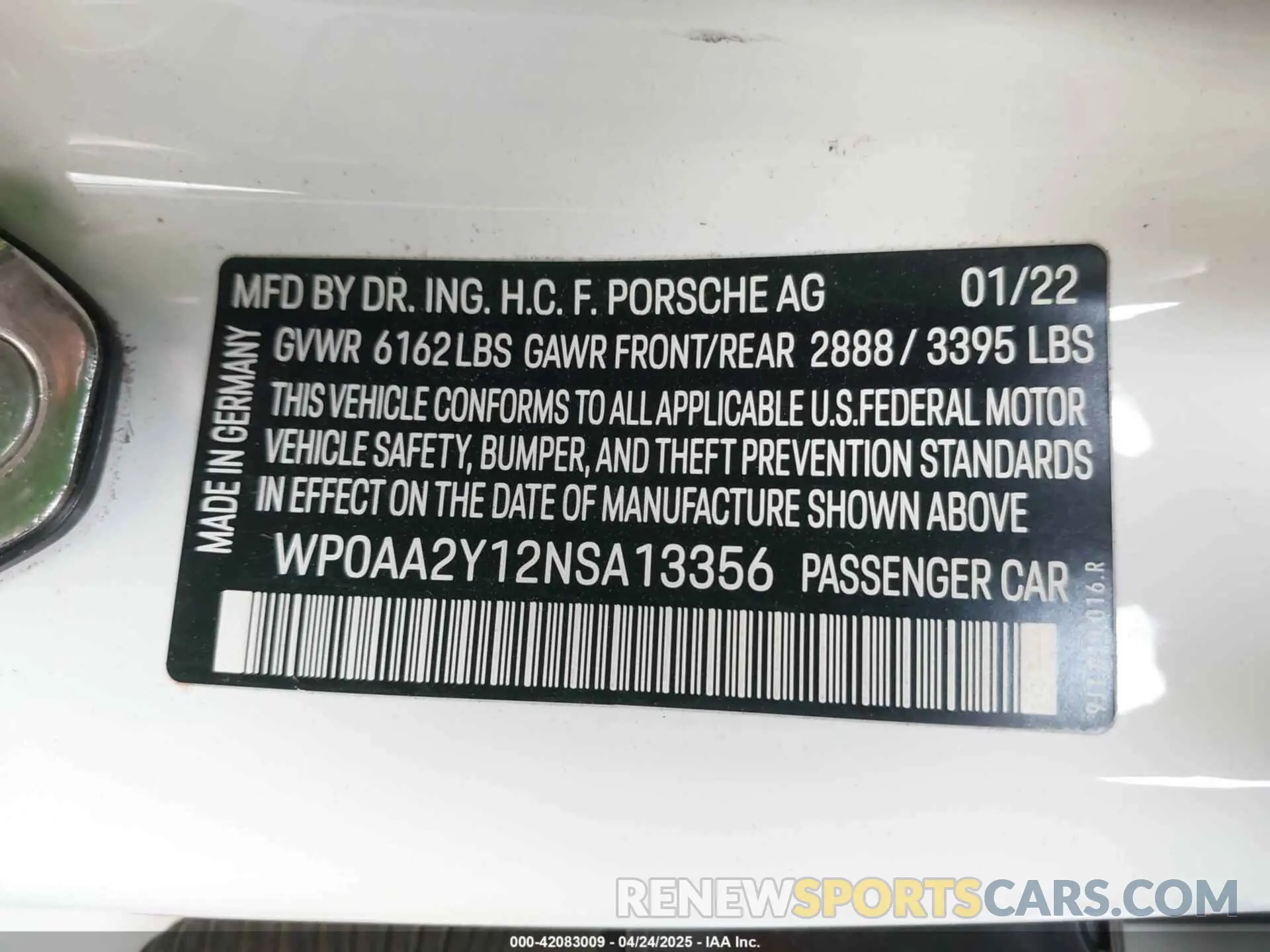9 Фотография поврежденного автомобиля WP0AA2Y12NSA13356 PORSCHE TAYCAN 2022