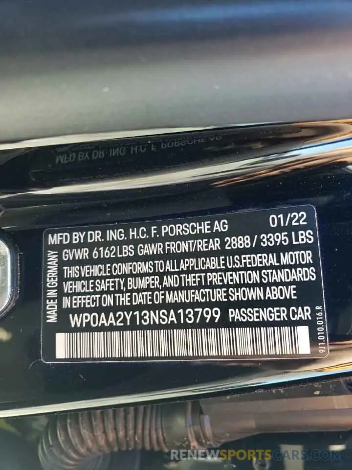 12 Photograph of a damaged car WP0AA2Y13NSA13799 PORSCHE TAYCAN 2022