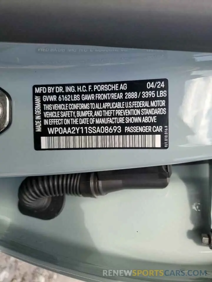 12 Фотография поврежденного автомобиля WP0AA2Y11SSA08693 PORSCHE TAYCAN 2025
