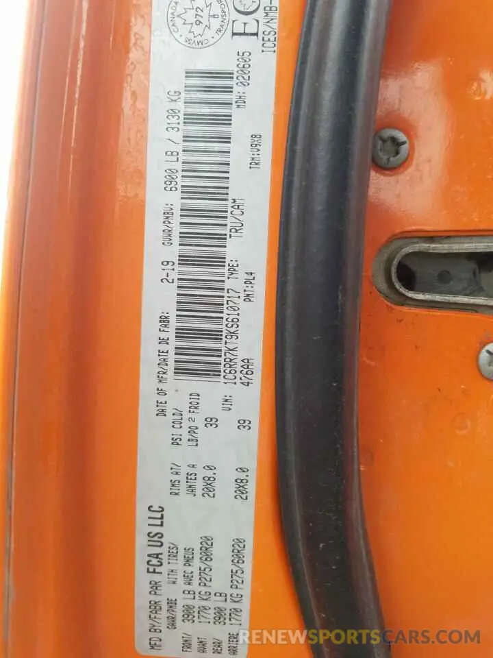 12 Фотография поврежденного автомобиля 1C6RR7KT9KS610717 RAM 1500 2019