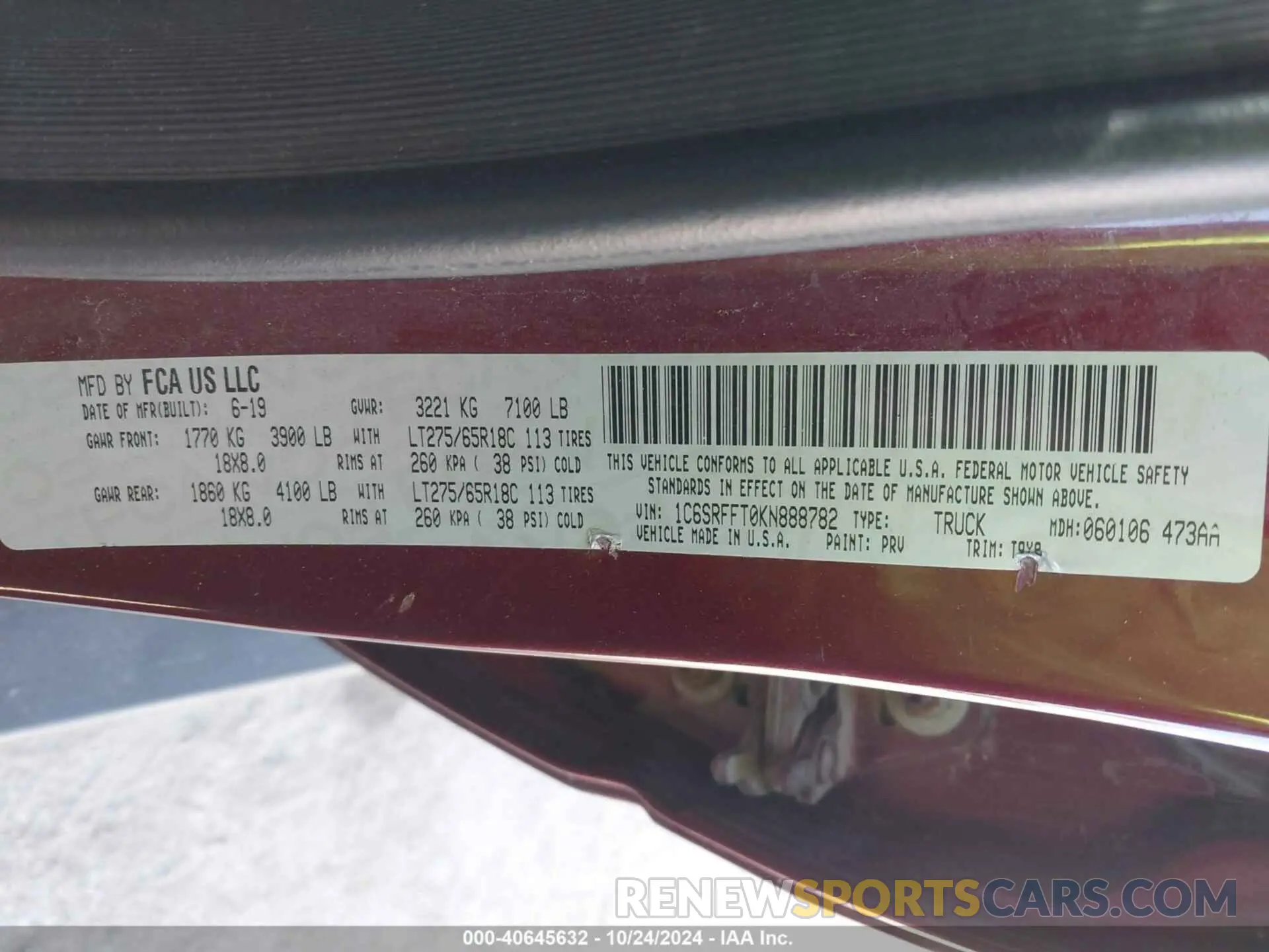9 Photograph of a damaged car 1C6SRFFT0KN888782 RAM 1500 2019