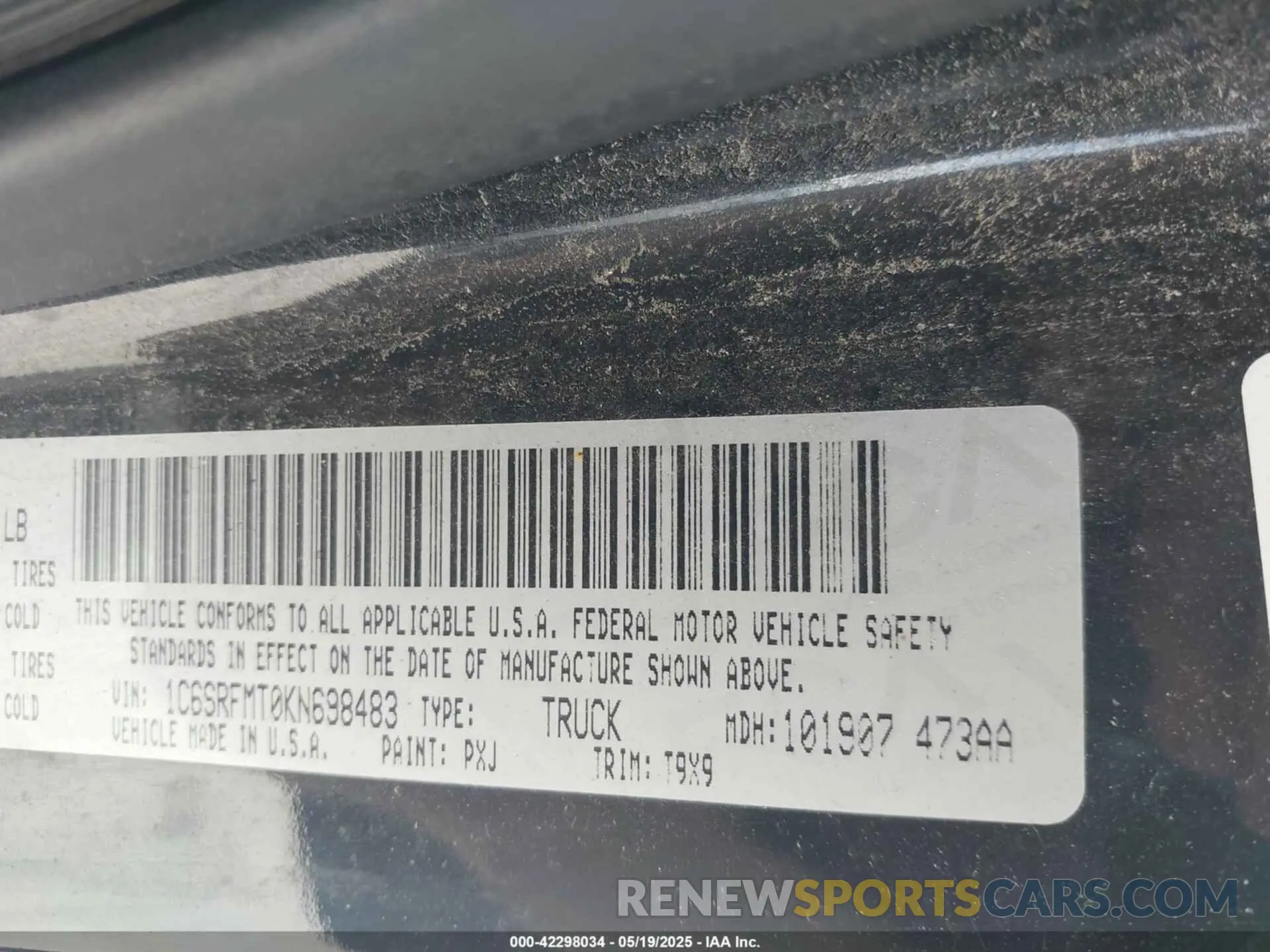 9 Фотография поврежденного автомобиля 1C6SRFMT0KN698483 RAM 1500 2019