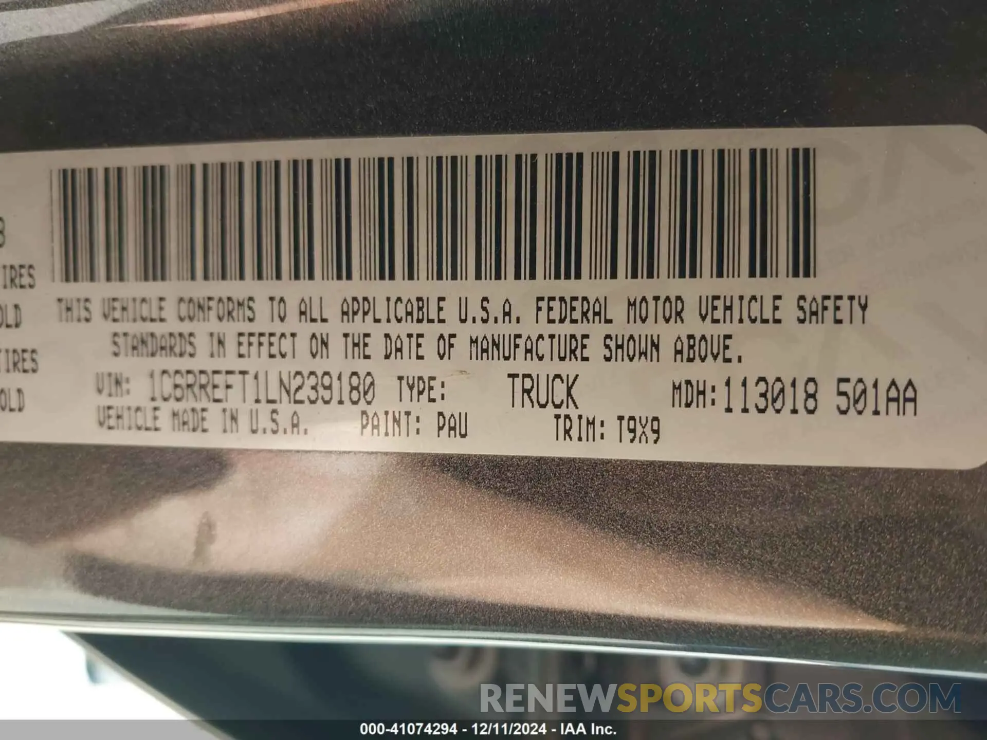 9 Фотография поврежденного автомобиля 1C6RREFT1LN239180 RAM 1500 2020