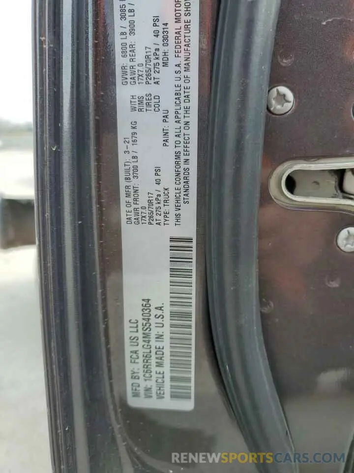 12 Фотография поврежденного автомобиля 1C6RR6LG4MS540364 RAM 1500 2021