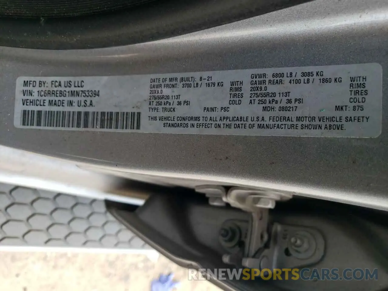 13 Фотография поврежденного автомобиля 1C6RREBG1MN753394 RAM 1500 2021