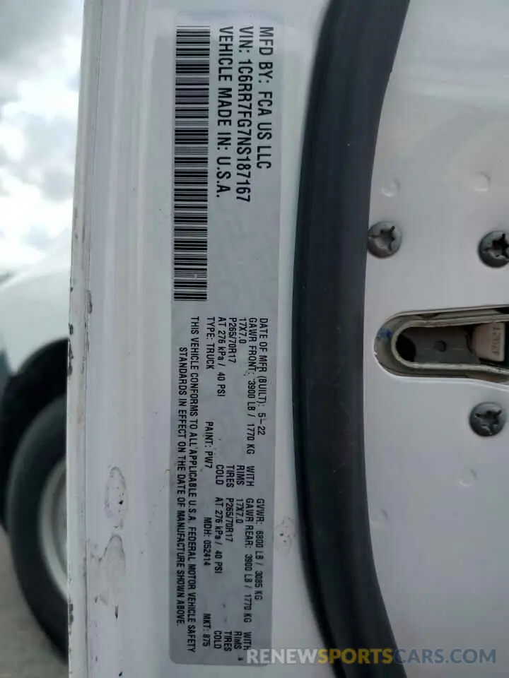 12 Фотография поврежденного автомобиля 1C6RR7FG7NS187167 RAM 1500 2022